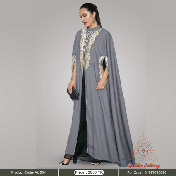 Ash color front open kaftan abaya with embroidery work