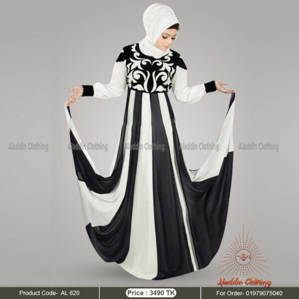 Black and white gown abaya with velvet embroidery