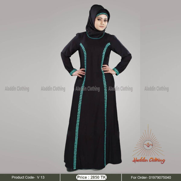 Black full sleeve gown abaya with green embroidery