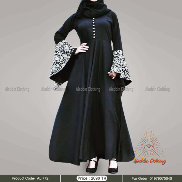 Black gown abaya with loose embroidered sleeve