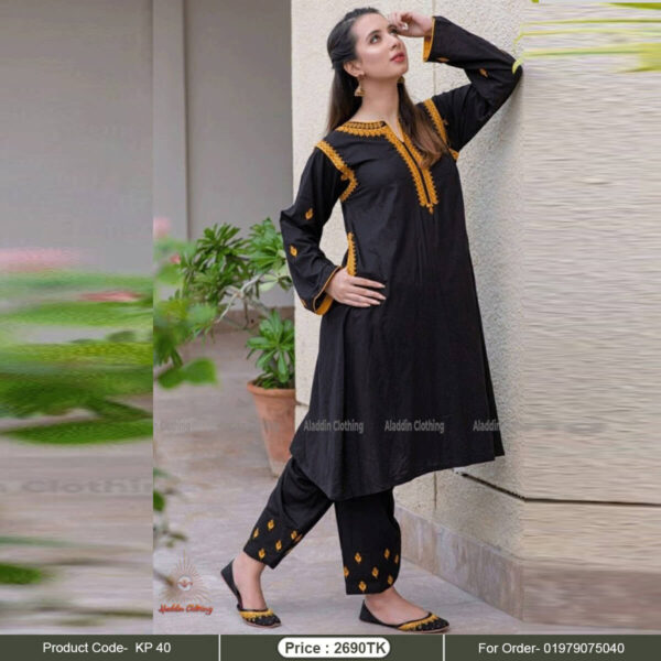 Black kurti set with orange embroidery work