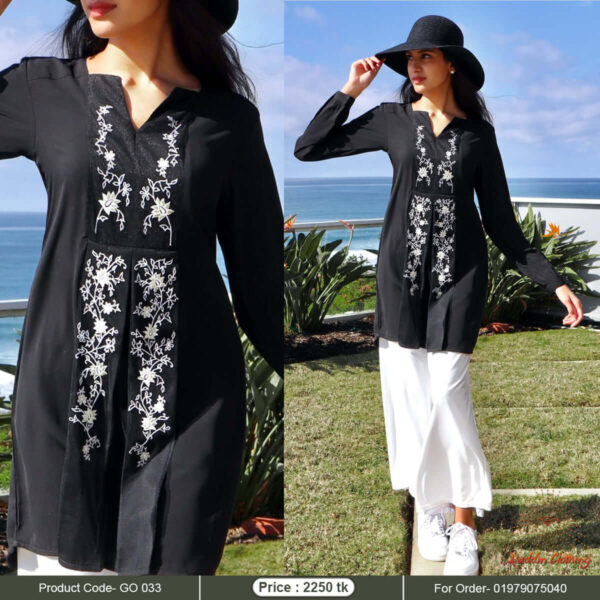 Black modest long tops with silver embroidery