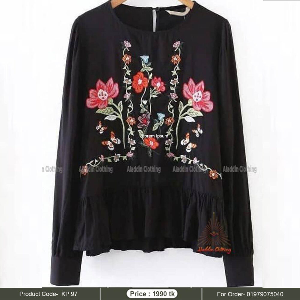 Black short tops with heavy floral embroidery