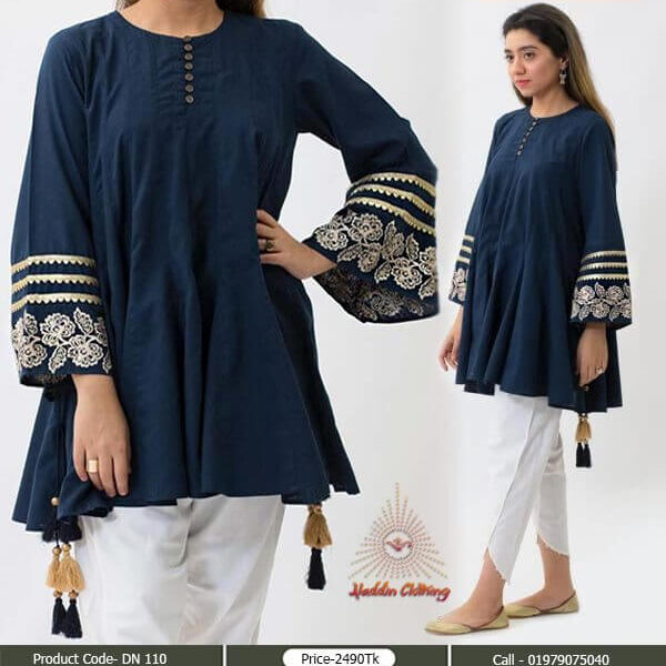 Blue loose fitting modest tops with heavy embroidered sleeve