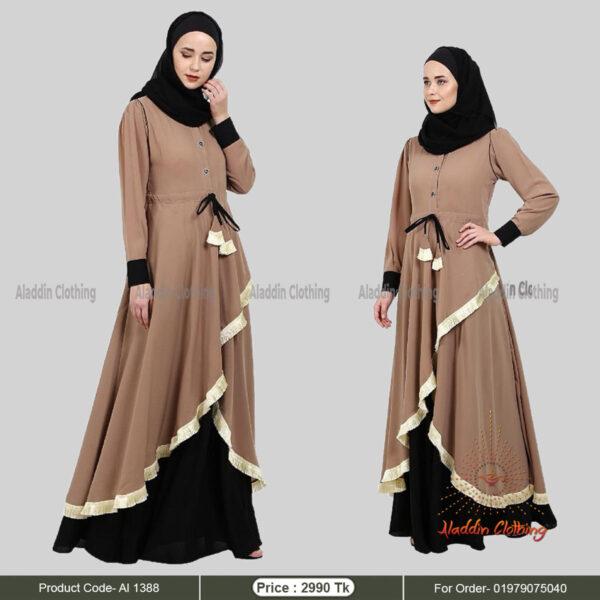 Brown color gown abaya with lais work