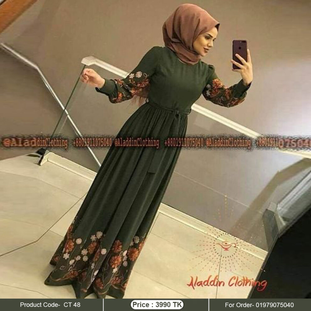 Dark olive gown abaya with heavy colorful embroidery work