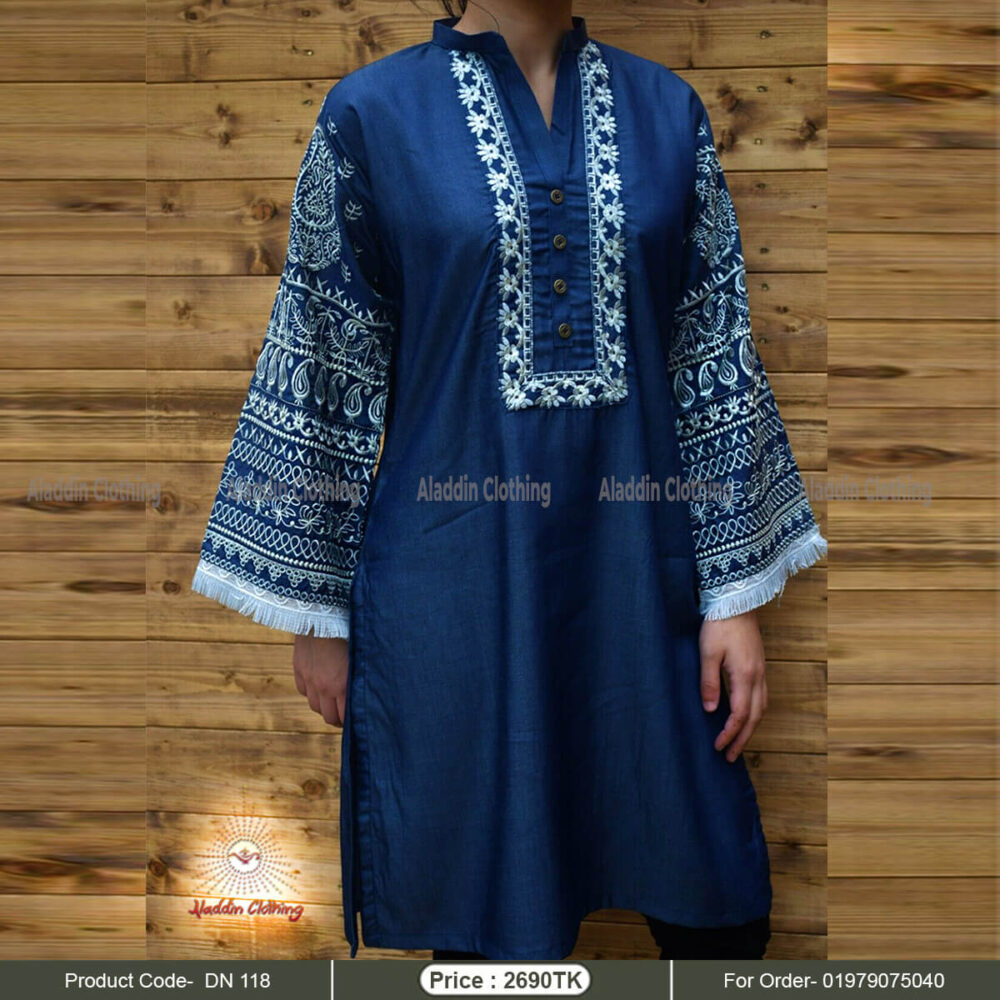 Deep blue denim long kurti with embroidered sleeve