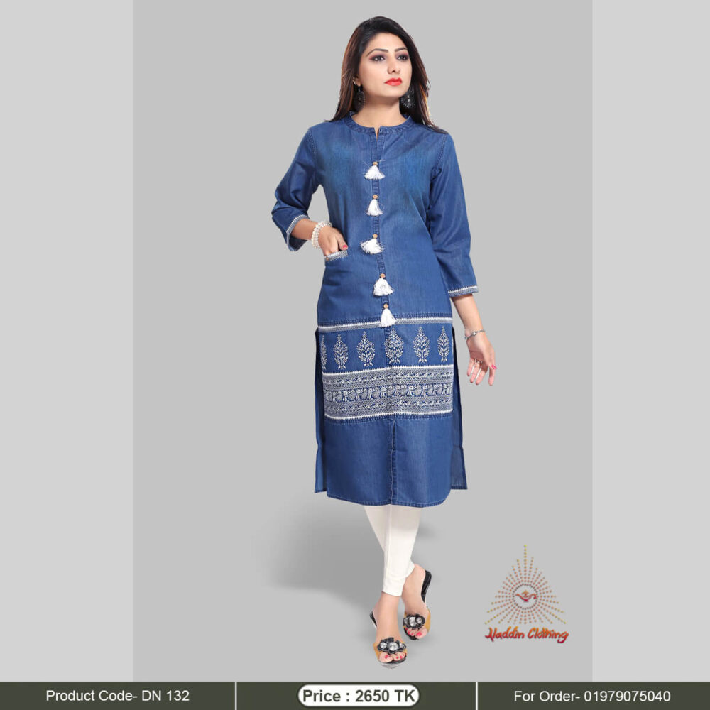 Denim embroidered kurti with white pant