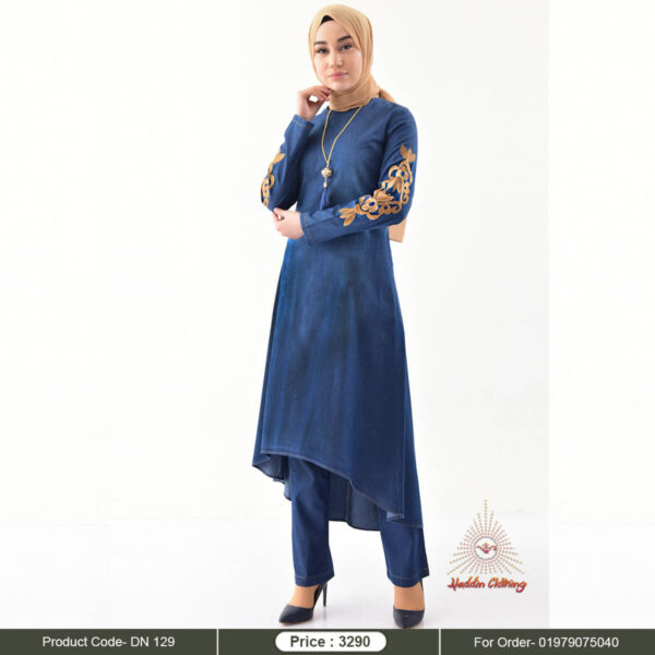 Denim embroidered long dress with matching pant