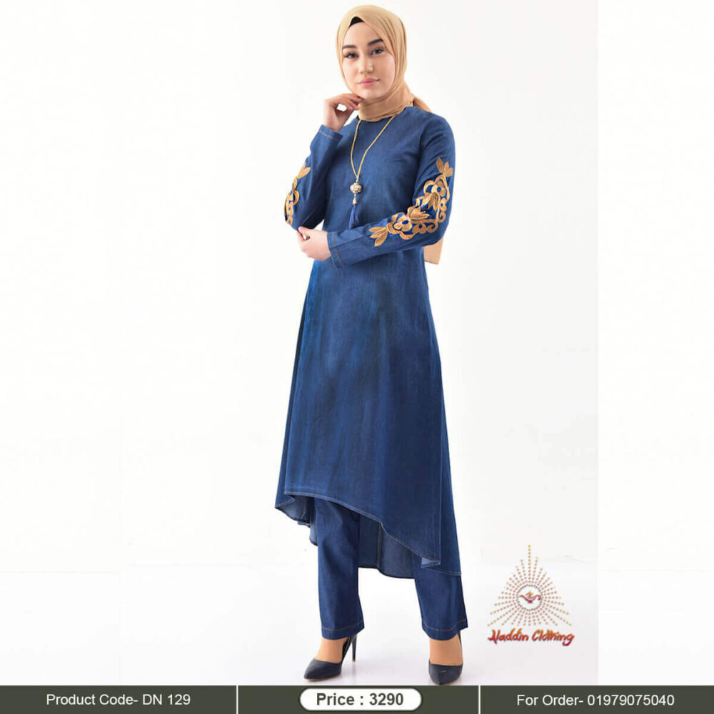 Denim long modest kurti set with embroidered sleeve