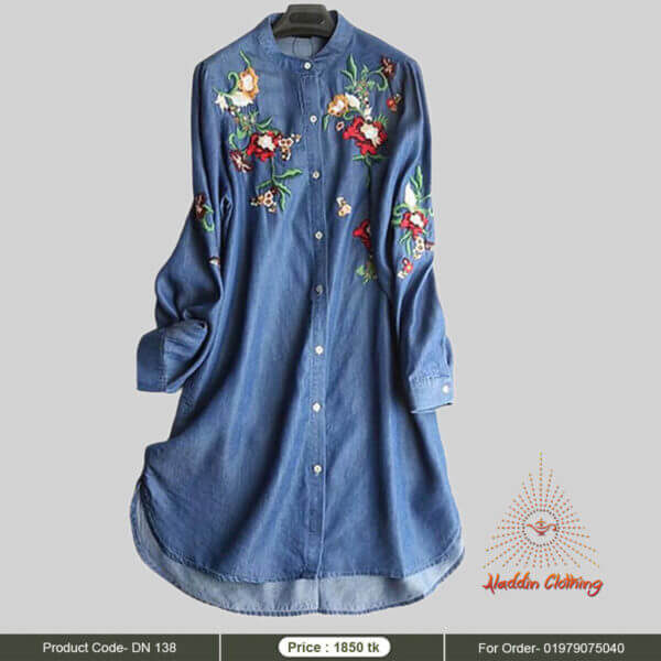 Denim shirt tops with floral embroidery