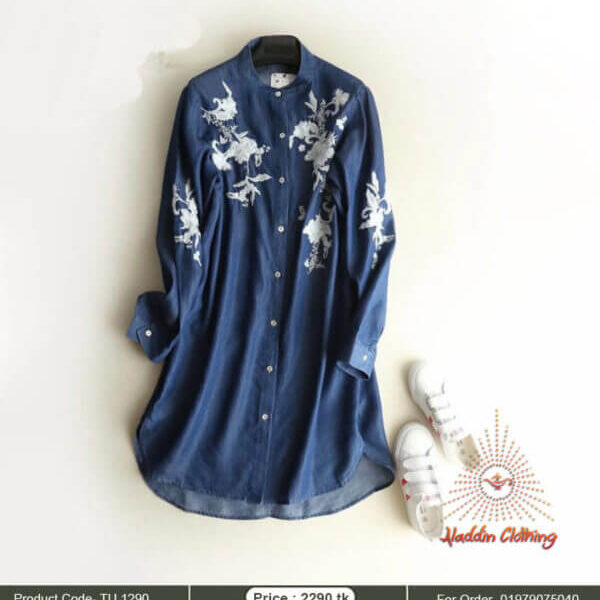 Denim shirt tops with white embroidery