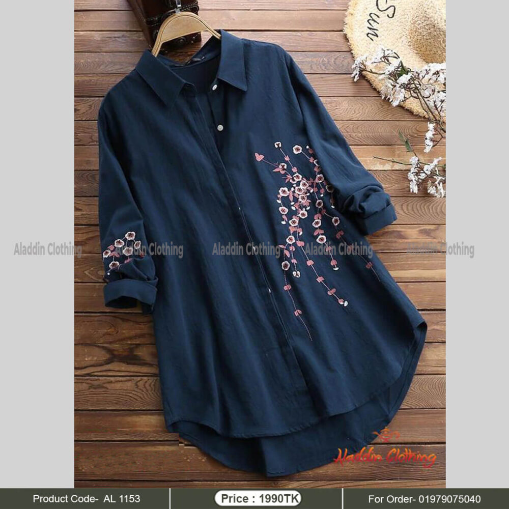 Embroidery Blue shirt tops