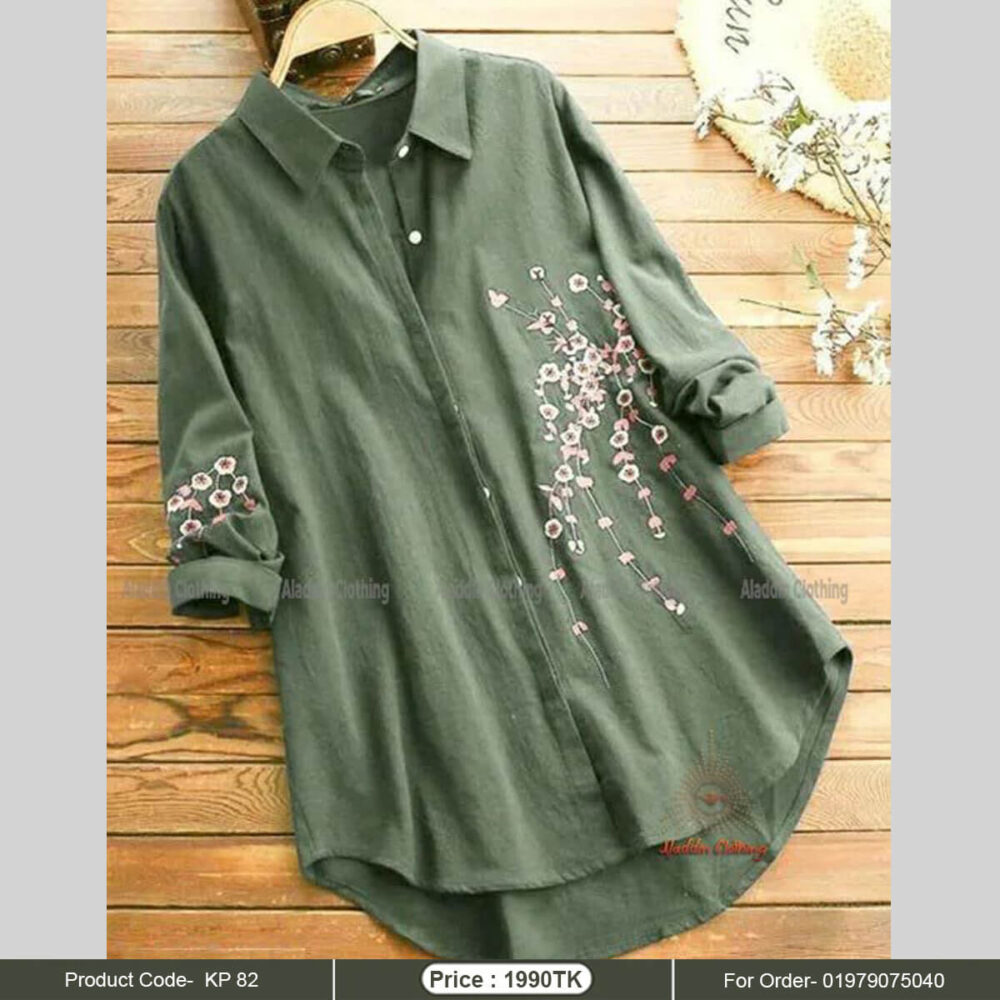 Embroidery Olive green shirt tops