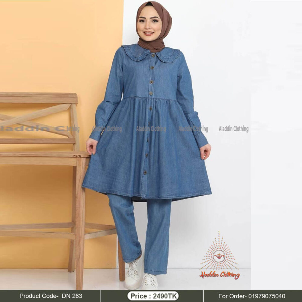 Frok style denim kurti with matching pant