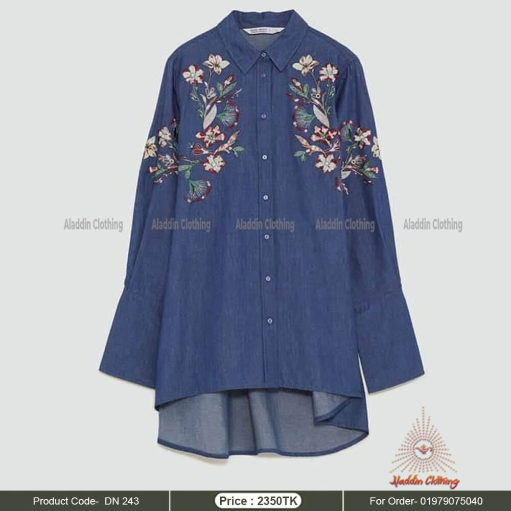 Front open denim embroidered shirt