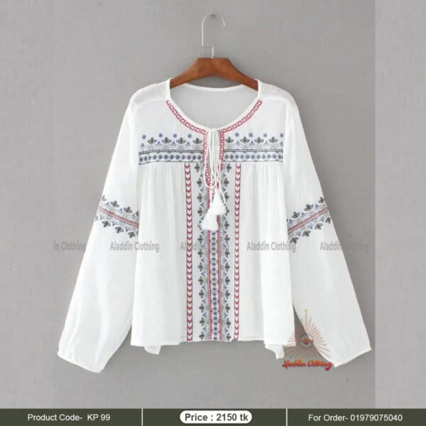 Full sleeve white embroidered short tops