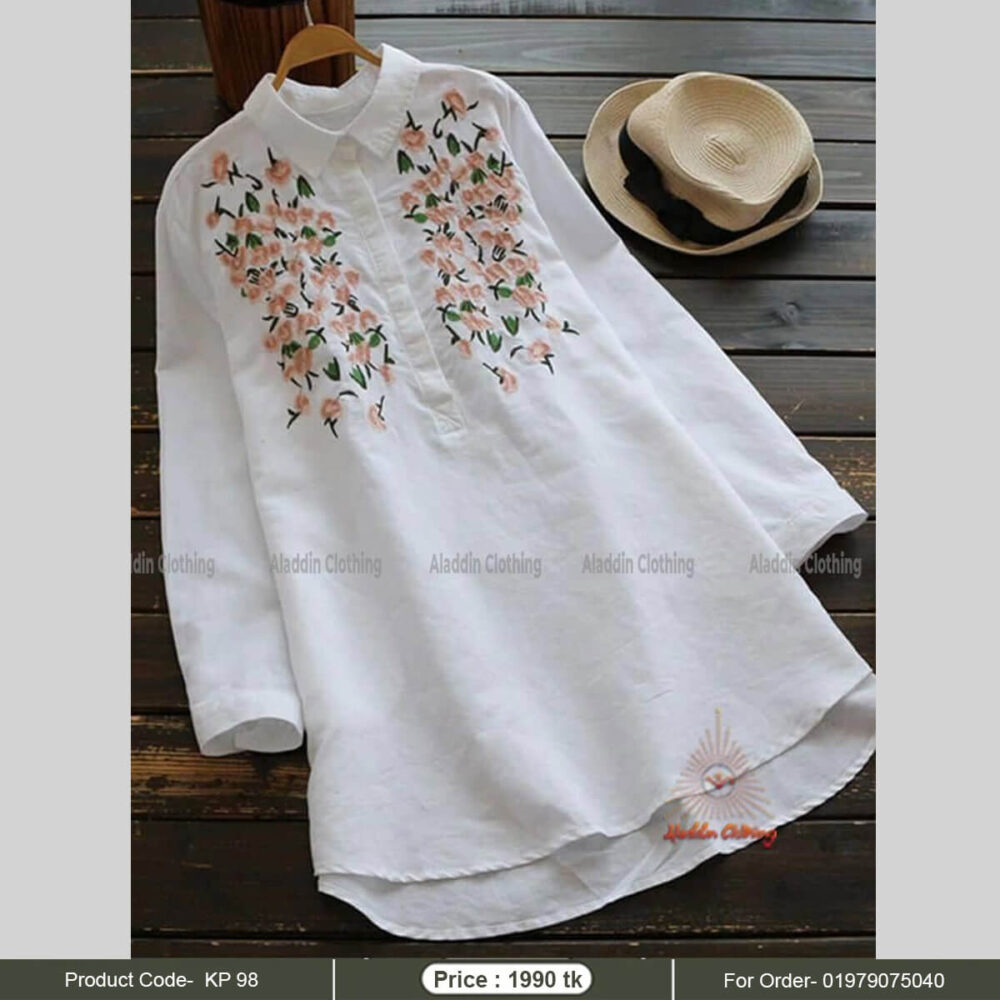 Full sleeve white short tops with embroidery work