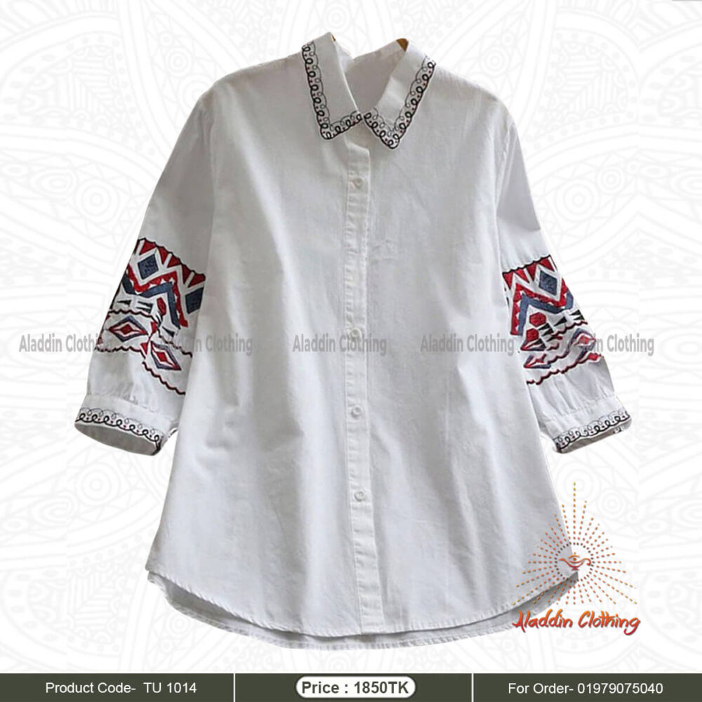 Ladies white shirt tops with embroidery in sleeve