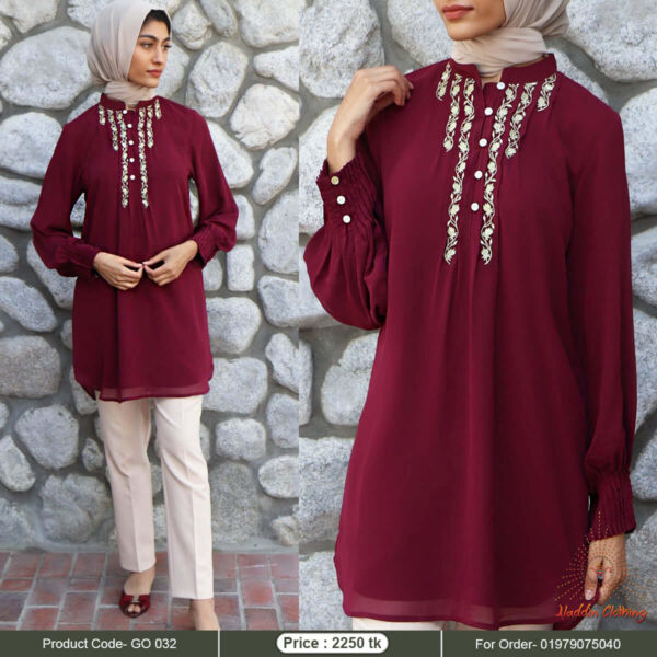 Merun modest long tops with white embroidery