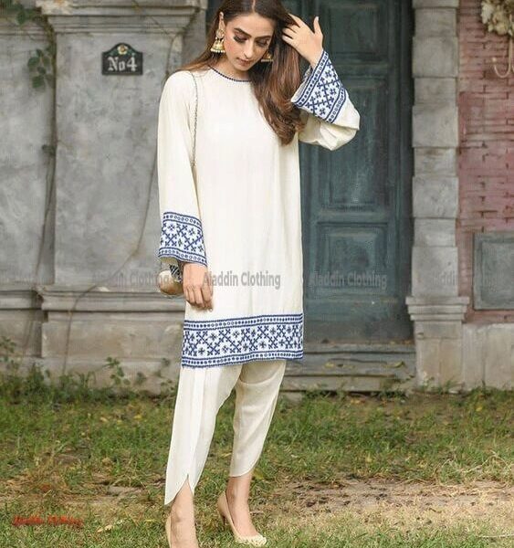 Off white embroidered kurti with matching salowar