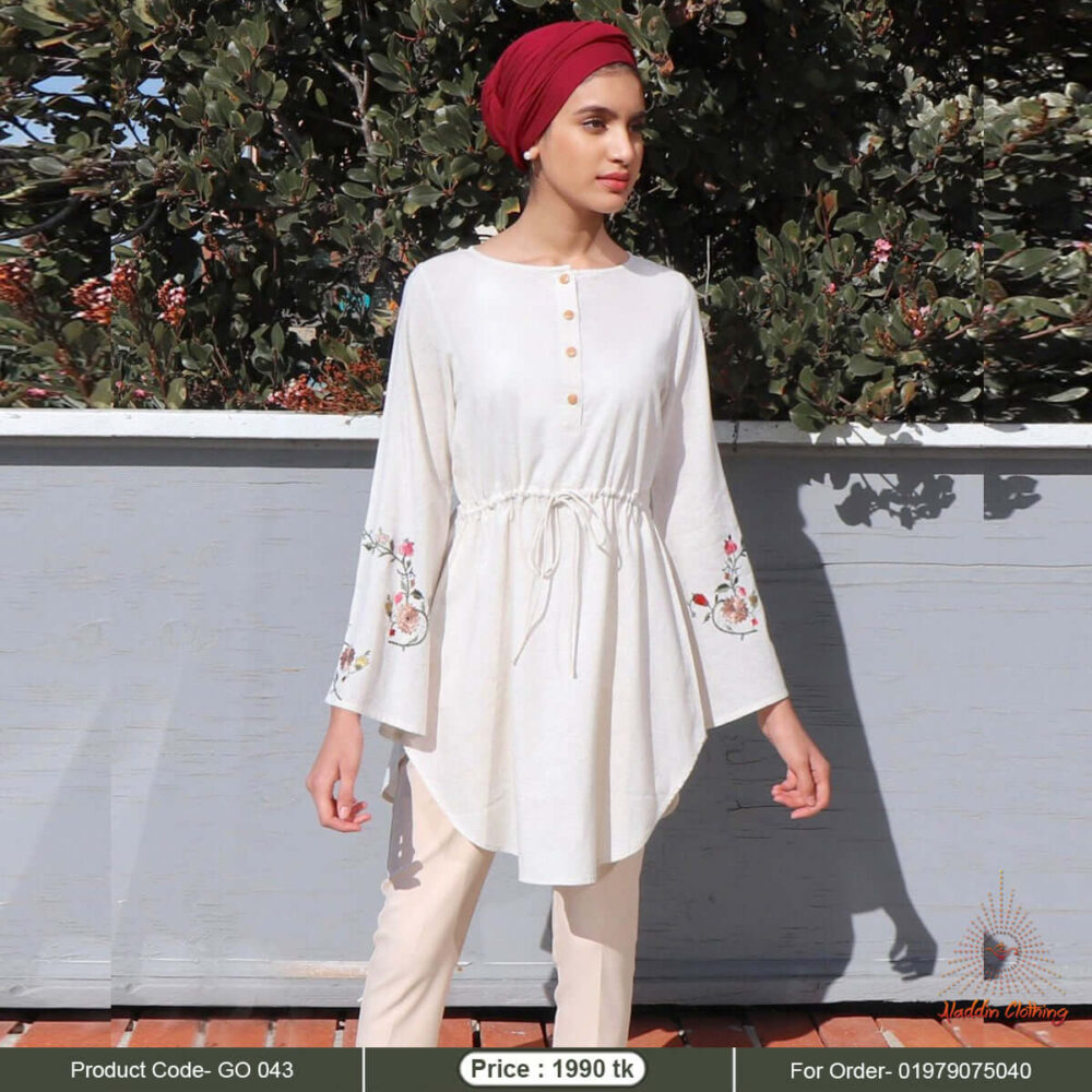 Off white modest long tops with simple floral embroidery