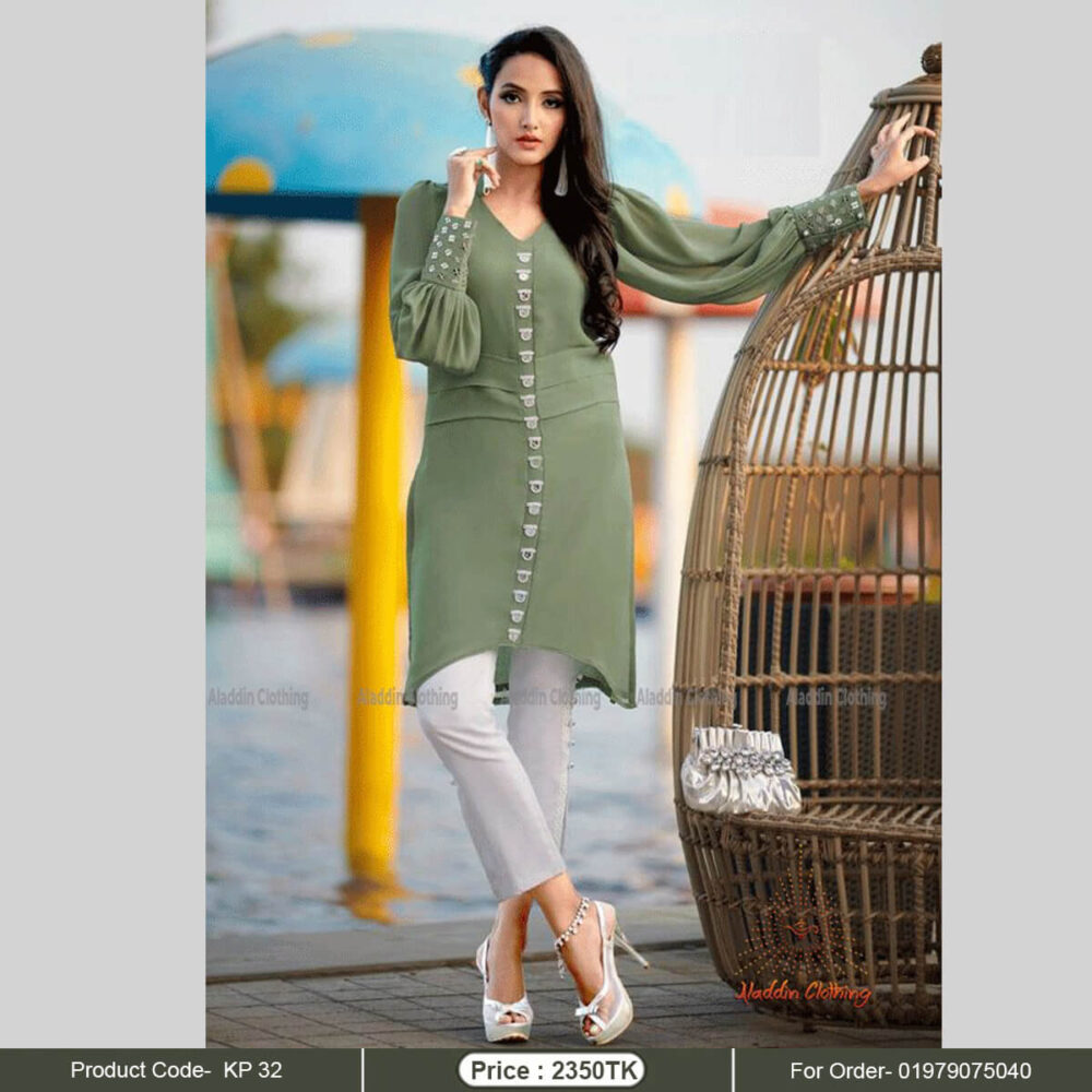 Olive color kurti set with fashionable dollar work