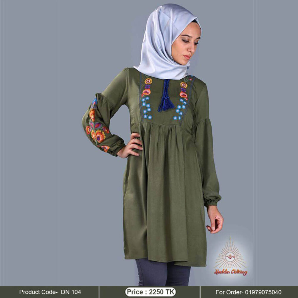 Olive color modest tops with colorful embroidery work