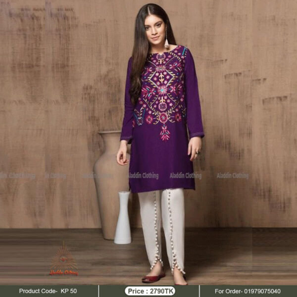 Purple embroidered kurti with off white salowar