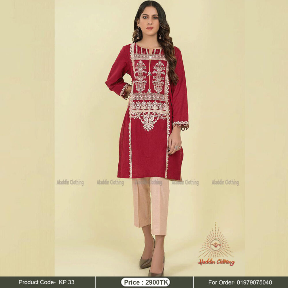 Red embroidered kurti with biscuit color salowar