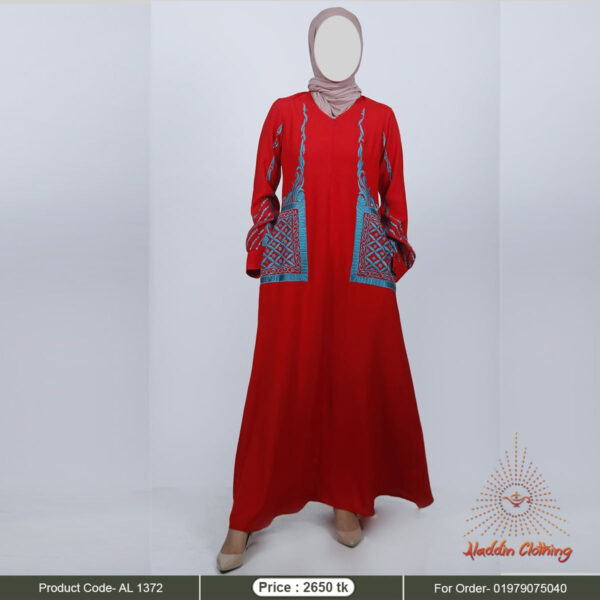 Red gown abaya with embroidery work