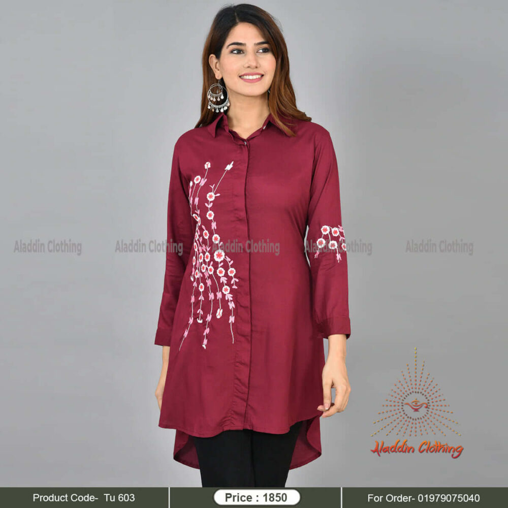 Red merun ladies shirt with Embroidery work