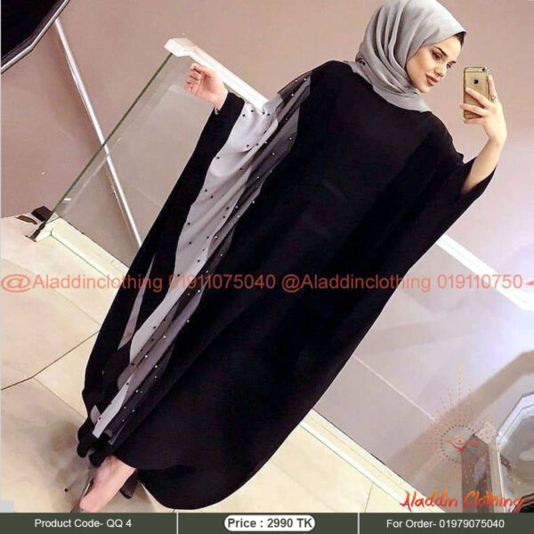 Round neck black kaftan abaya with ash color hijab