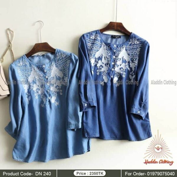 Round neck denim embroidered tops