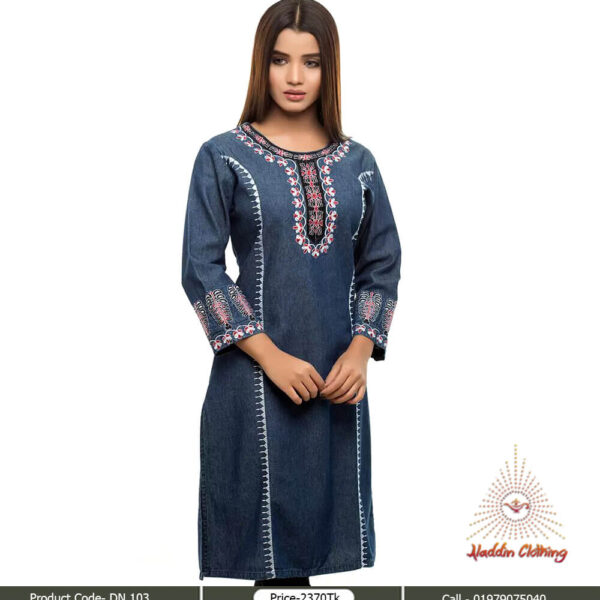 Round neck denim long kurti