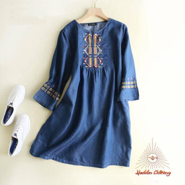 Round neck denim winter tops with embroidery work