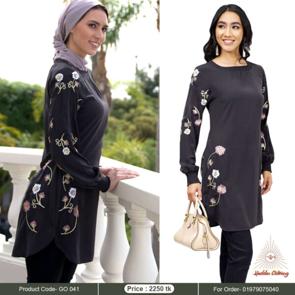 Round neck modest long tops with floral embroidery