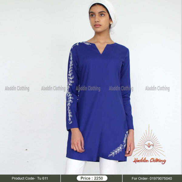 Royal blue V neck modest long tops