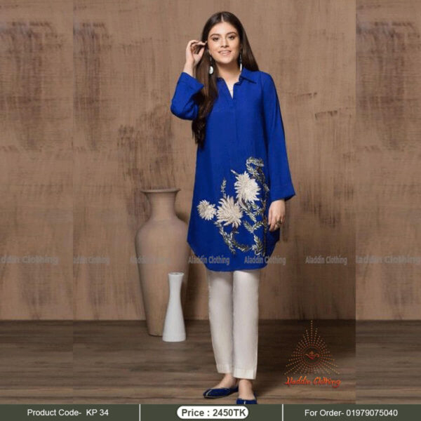 Royal blue embroidered kurti with off white pant