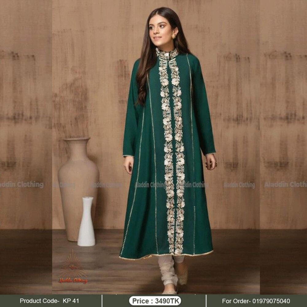 Sea green long dress with churidar salowar