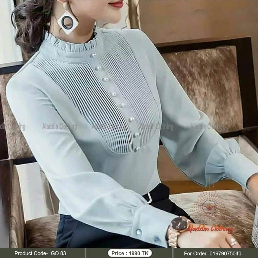 Sky color ladies shirt tops with frill and pearl