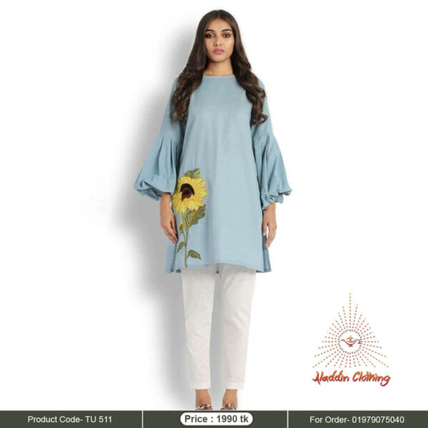 Sky color long tops with sunflower embroidery