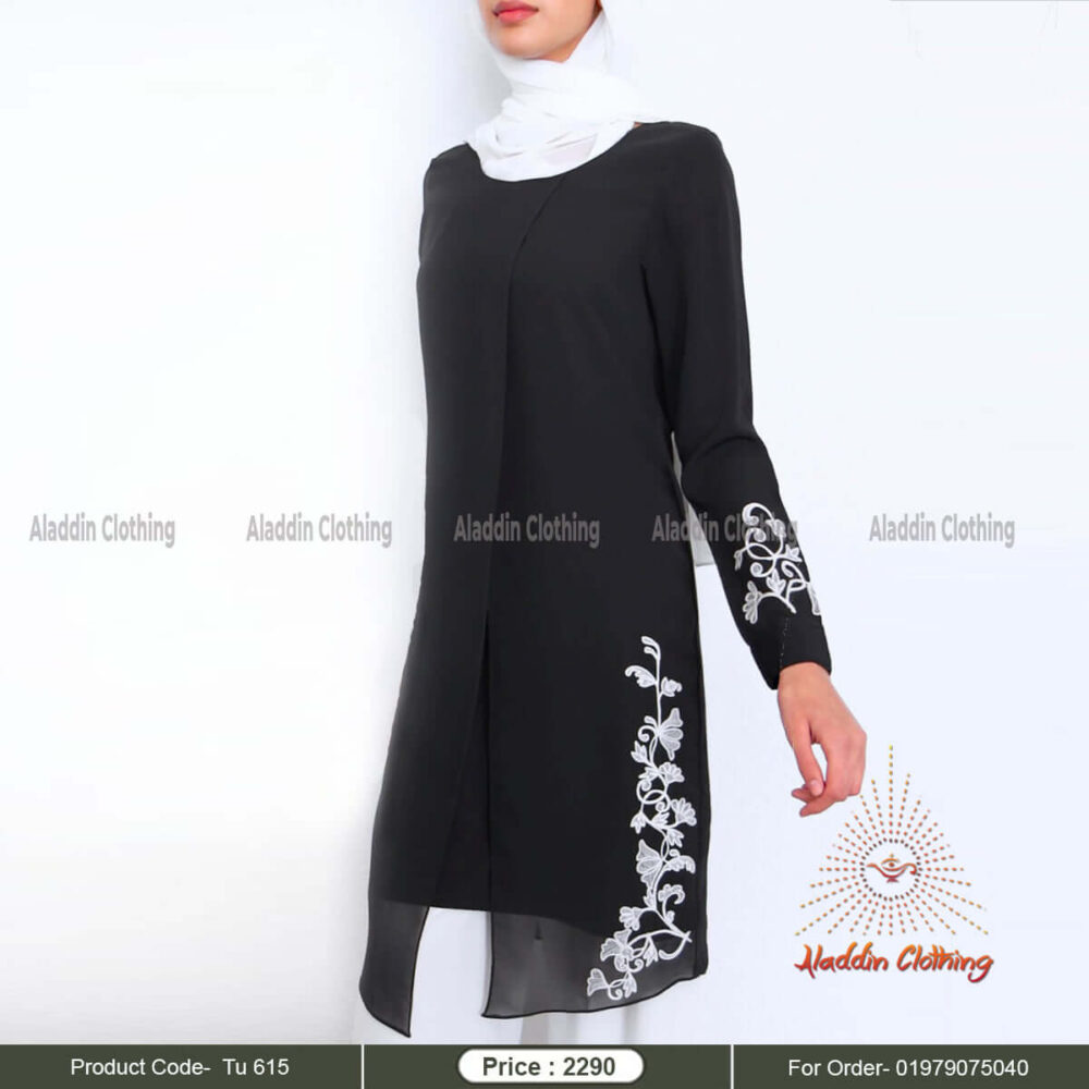 Two part black long tops with white embroidery