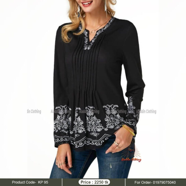 V neck black short tops with white embroidery