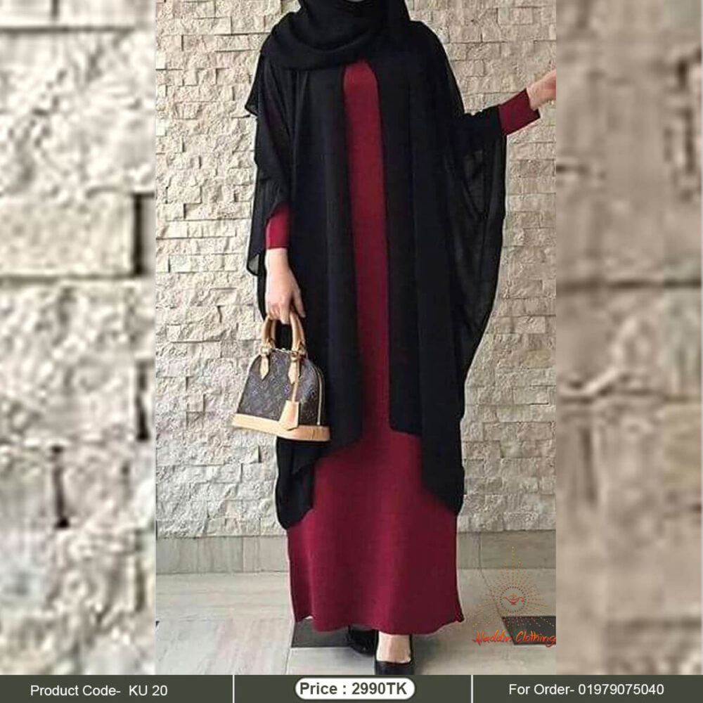 Black kimono abaya with maroon inner