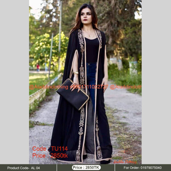 Black pocket sleeve kimono abaya with embroidery work