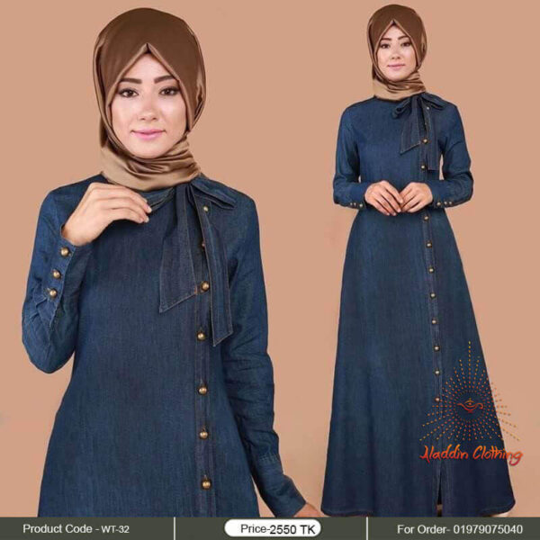 Deep color denim abaya with bow and metal button