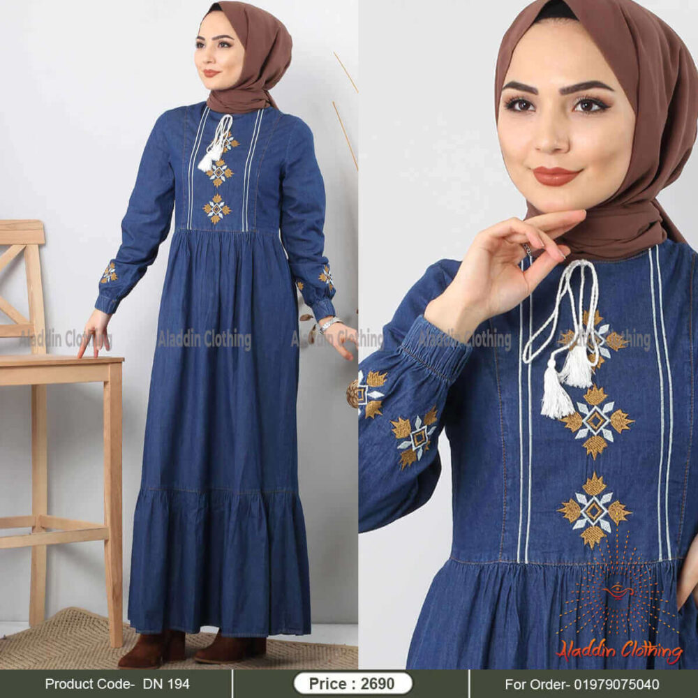 Denim abaya borka with embroidery work & tarsal