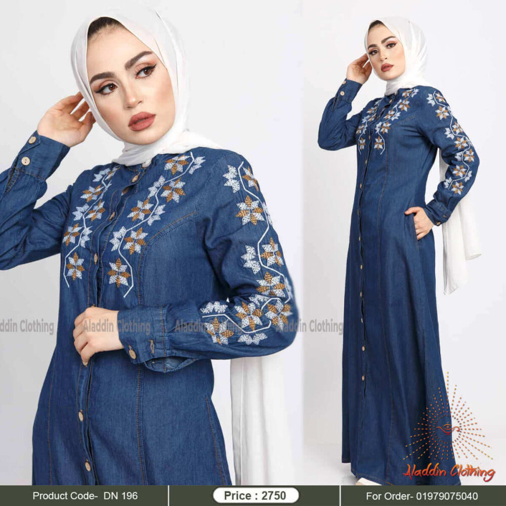 Denim abaya with cuff & embroidery work