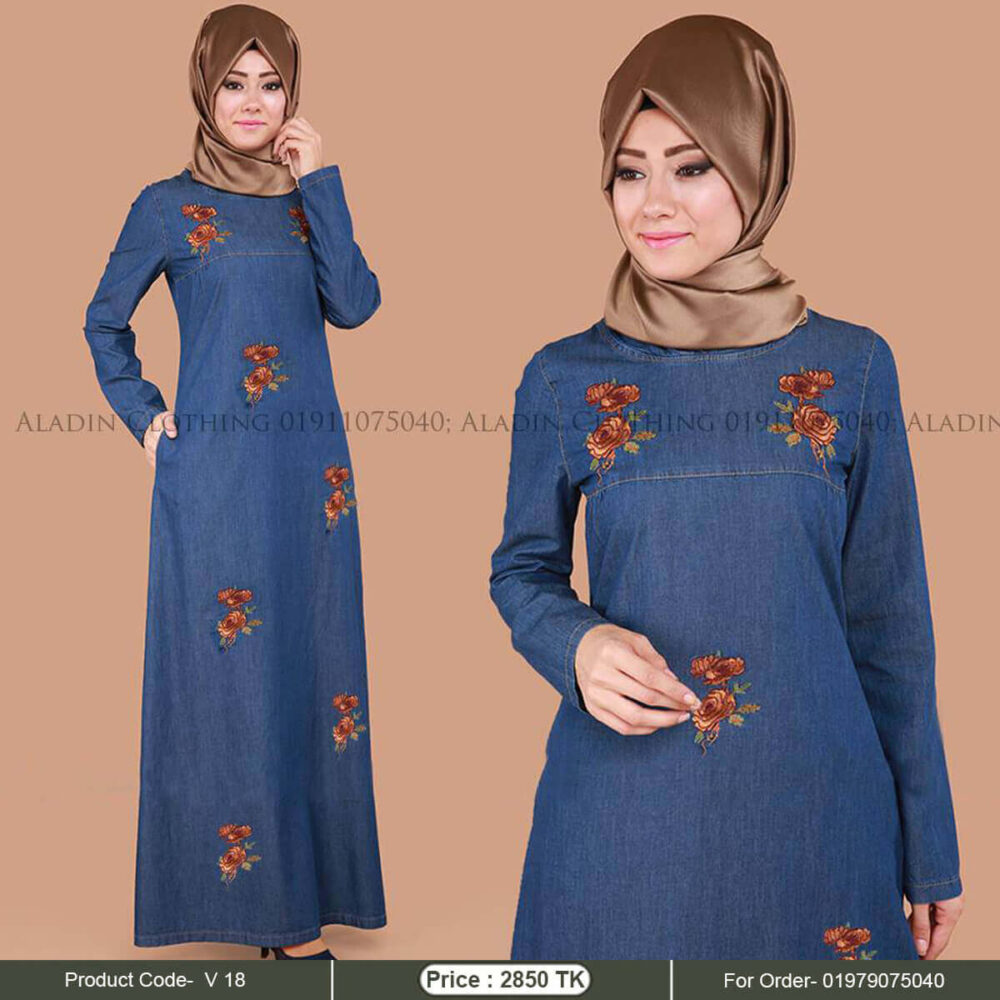 Denim abaya with floral embroidery work